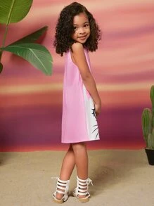 SHEIN Leap Crew Young Girl Sweet Cute Cartoon Cat Print Round Neck Sleeveless Party Dress, Summer - Baby Pink - View 4