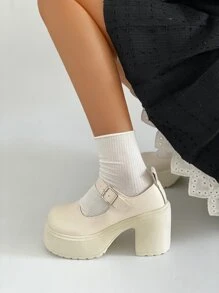 女士搭扣裝飾厚底鞋學院風白色厚底瑪麗珍鞋 - 米色 - 查看 4