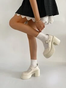 女士搭扣裝飾厚底鞋學院風白色厚底瑪麗珍鞋 - 米色 - 查看 5