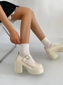 女士搭扣裝飾厚底鞋學院風白色厚底瑪麗珍鞋 - 米色 - 查看 6