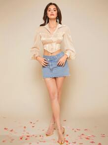 SHEIN BAE 燈籠袖短款襯衫 - 杏色 - 查看 3