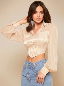 SHEIN BAE 燈籠袖短款襯衫 - 杏色 - 查看 4