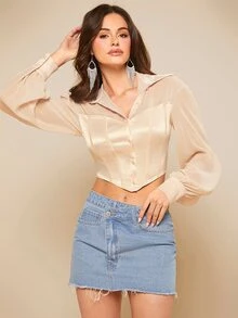 SHEIN BAE 燈籠袖短款襯衫 - 杏色 - 查看 5