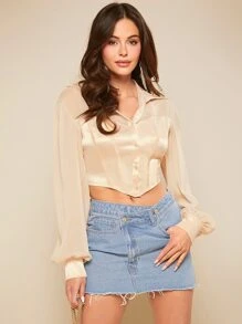 SHEIN BAE 燈籠袖短款襯衫 - 杏色 - 查看 6