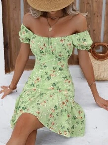 Breezaya 印花一字肩後綁帶荷葉邊連衣裙 - 薄荷綠 - 查看 5