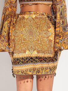 SHEIN SXY 佩斯利和花圖案流蘇邊圍裹側打結半身裙