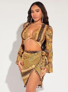 SHEIN SXY 佩斯利和花圖案流蘇邊圍裹側打結半身裙