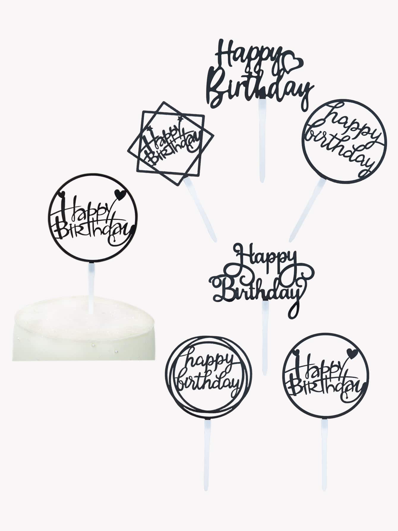 6pcs/set PMMA Cake Topper, Modern Letter Design Cake Top Decoration For Birthday Party - Black - View 1