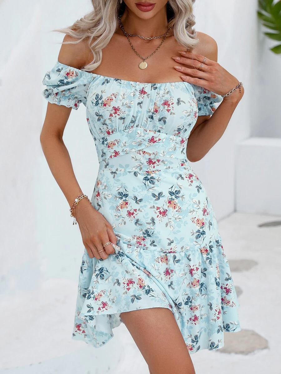 Breezaya Floral Print Off Shoulder Ruffle Hem Dress Vacation Beach Outfits Women - Baby Blue - View 1