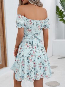 Breezaya Floral Print Off Shoulder Ruffle Hem Dress Vacation Beach Outfits Women - Baby Blue - View 2