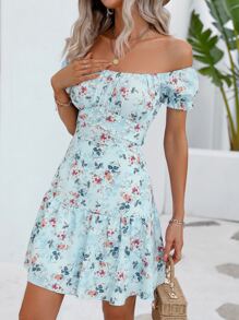 Breezaya Floral Print Off Shoulder Ruffle Hem Dress Vacation Beach Outfits Women - Baby Blue - View 3