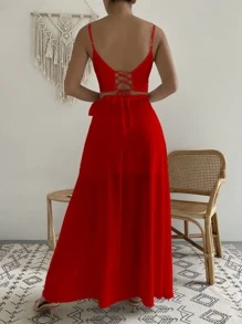 Chiquease 素色吊帶上衣和高腰裹身裙 - 紅色 - 查看 2