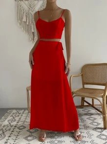 Chiquease 素色吊帶上衣和高腰裹身裙 - 紅色 - 查看 3