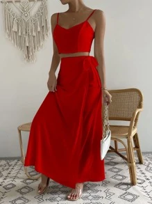 Chiquease 素色吊帶上衣和高腰裹身裙 - 紅色 - 查看 5