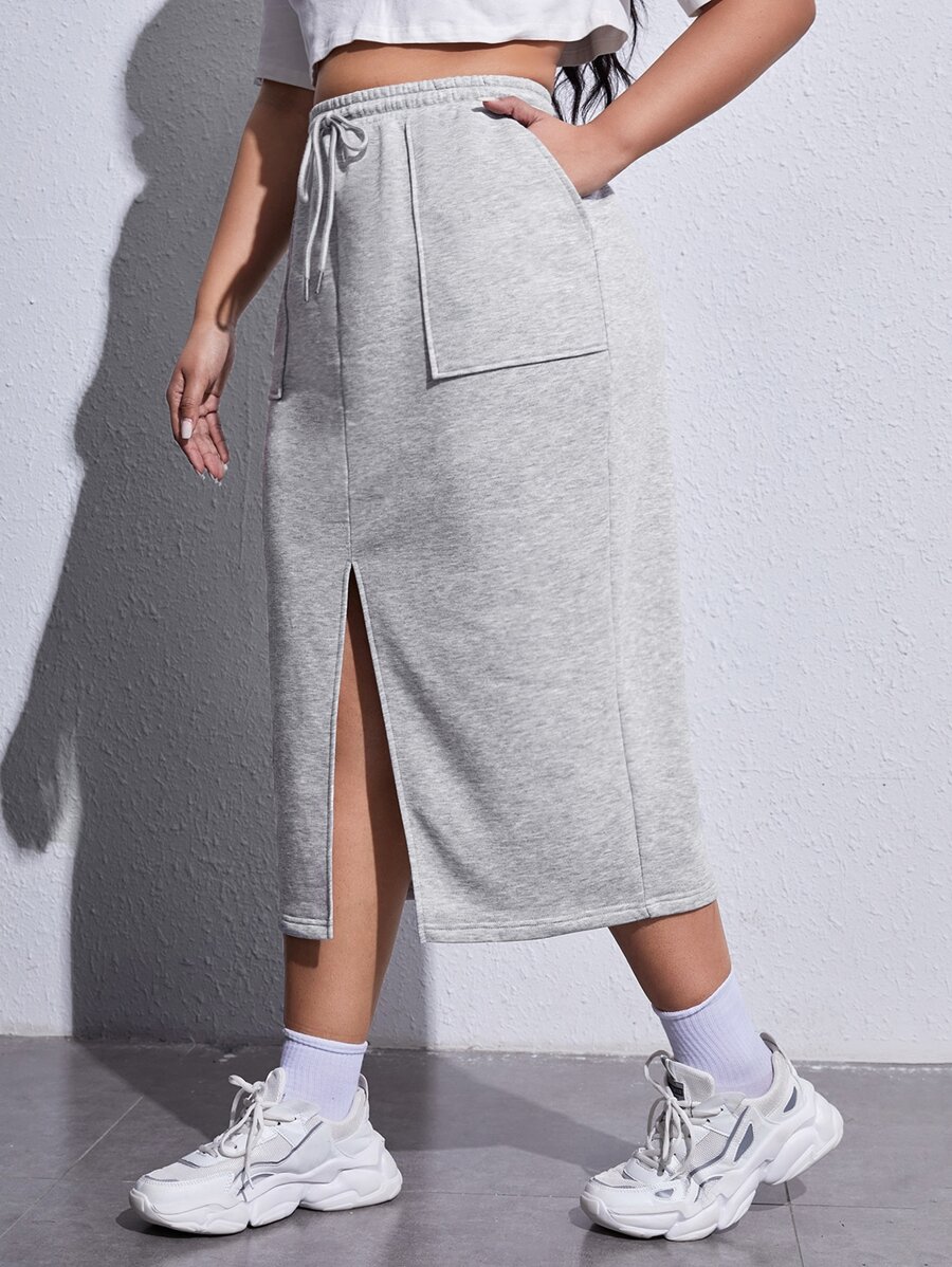 SHEIN EZwear 大碼腰部抽繩高衩半身裙 - 淺灰色 - 查看 1