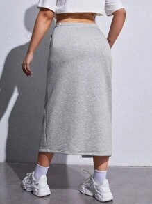 SHEIN EZwear 大碼腰部抽繩高衩半身裙 - 淺灰色 - 查看 3