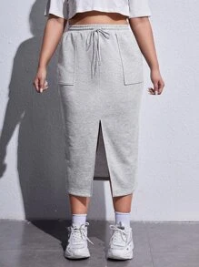 SHEIN EZwear 大碼腰部抽繩高衩半身裙 - 淺灰色 - 查看 4