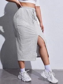 SHEIN EZwear 大碼腰部抽繩高衩半身裙 - 淺灰色 - 查看 5