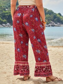 SHEIN VCAY Plus Floral Print Wide Leg Trousers - Red - View 2