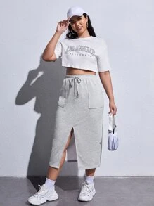 SHEIN EZwear 大碼腰部抽繩高衩半身裙 - 淺灰色 - 查看 2