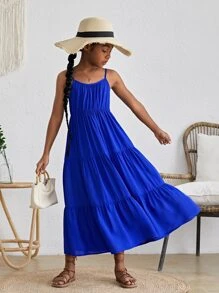 SHEIN Đầm Gái Viên lá sen màu trơn Boho - Xanh đậm - Xem 2