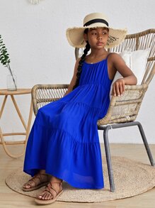 SHEIN Đầm Gái Viên lá sen màu trơn Boho - Xanh đậm - Xem 4