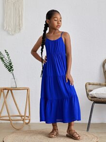 SHEIN Đầm Gái Viên lá sen màu trơn Boho - Xanh đậm - Xem 5