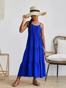 SHEIN Đầm Gái Viên lá sen màu trơn Boho - Xanh đậm - Xem 1