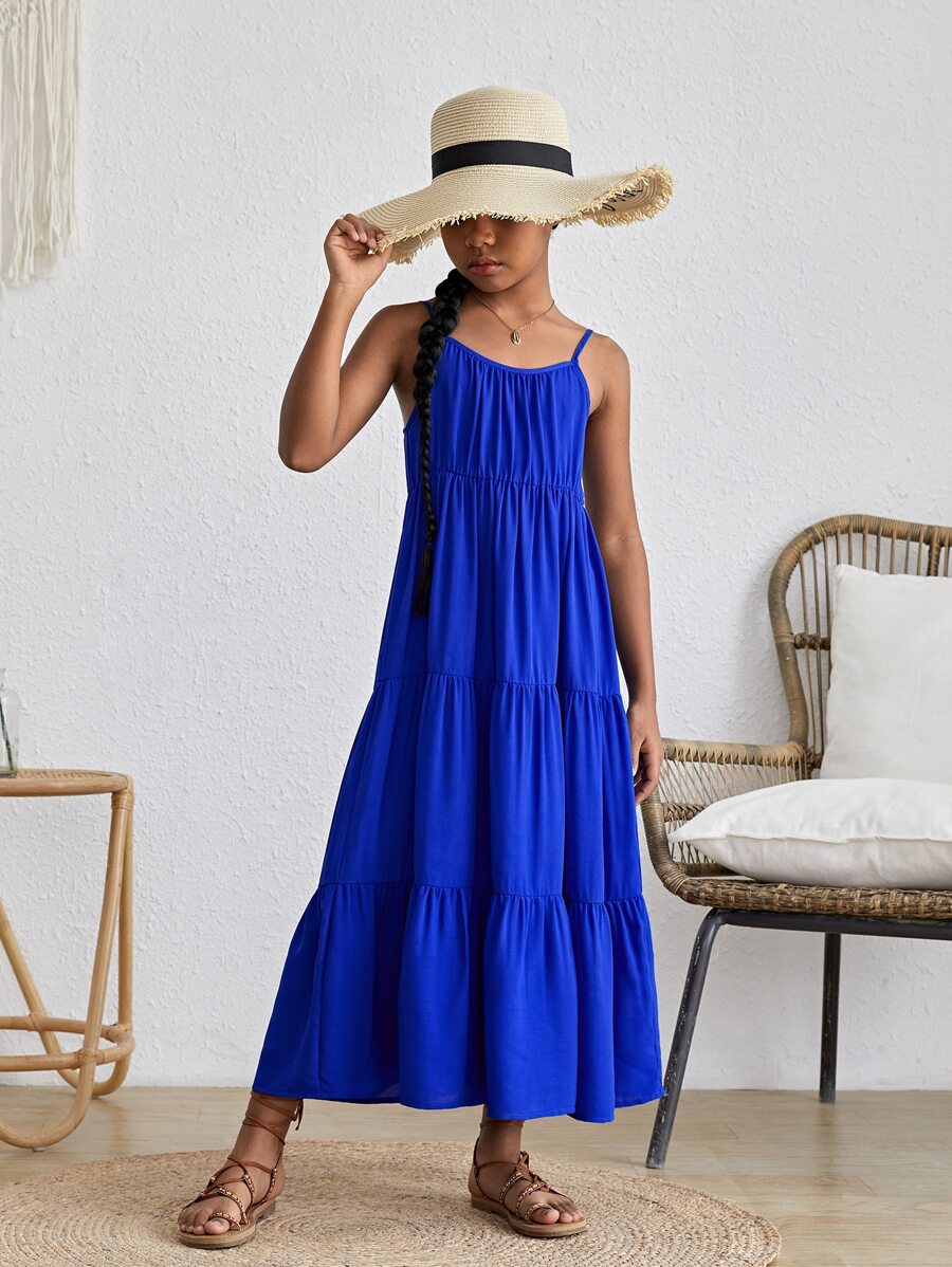 SHEIN Đầm Gái Viên lá sen màu trơn Boho - Xanh đậm - Xem 1