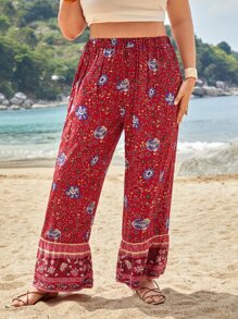 SHEIN VCAY Plus Floral Print Wide Leg Trousers - Red - View 3