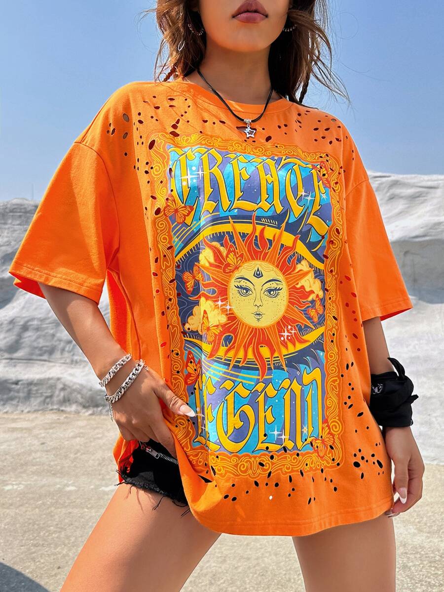 SHEIN EZwear 西部風格牛仔女孩日月圖案落肩T恤 - 橘色 - 查看 1