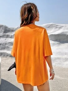 SHEIN EZwear 西部風格牛仔女孩日月圖案落肩T恤 - 橘色 - 查看 2