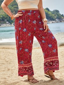 SHEIN VCAY Plus Floral Print Wide Leg Trousers - Red - View 5