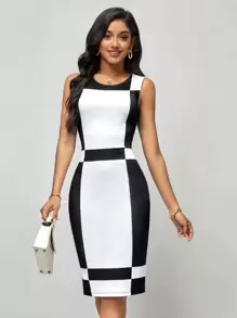 SHEIN Clasi Đầm Dây kéo Khối Màu Thanh lịch - màu đen - Xem 1