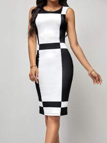 SHEIN Clasi Đầm Dây kéo Khối Màu Thanh lịch - màu đen - Xem 5