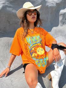 SHEIN EZwear 西部風格牛仔女孩日月圖案落肩T恤 - 橘色 - 查看 6