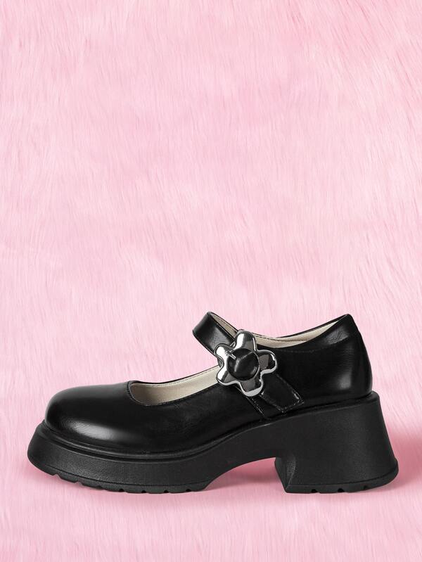 Kawaii Preppy Black Mary Jane Shoes Women Flower Buckle Decor Mary Jane