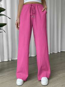 SHEIN EZwear Linen Drawstring Waist Slant Pocket Wide Leg Pants