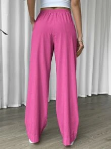 SHEIN EZwear Linen Drawstring Waist Slant Pocket Wide Leg Pants