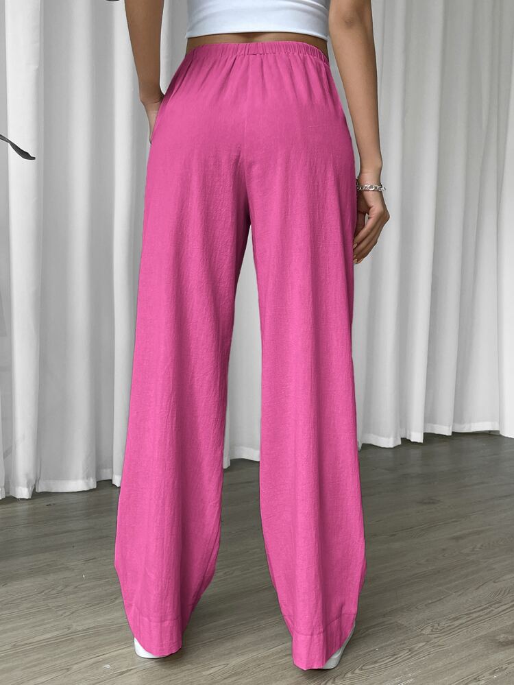 Linen Drawstring Waist Slant Pocket Wide Leg Pants