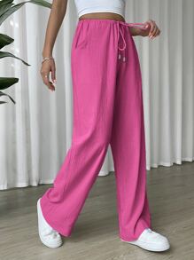 SHEIN EZwear Linen Drawstring Waist Slant Pocket Wide Leg Pants
