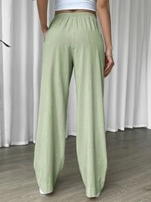 SHEIN EZwear Linen Drawstring Waist Slant Pocket Wide Leg Pants - Mint Green - View 2