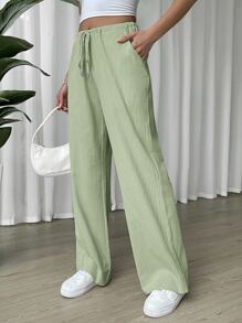 SHEIN EZwear Linen Drawstring Waist Slant Pocket Wide Leg Pants - Mint Green - View 3