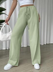 SHEIN EZwear Linen Drawstring Waist Slant Pocket Wide Leg Pants - Mint Green - View 6