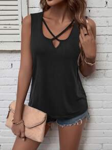 SHEIN LUNE 前交叉背心上衣 - 黑色 - 查看 3