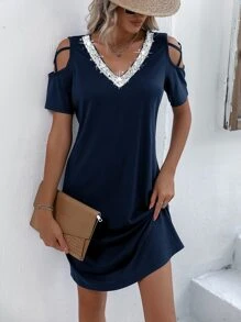 SHEIN Clasi Đầm ghép mộng kim sa Hội Chữ thập Cắt ra màu trơn Giải trí - Màu xanh hải quân - Xem 1