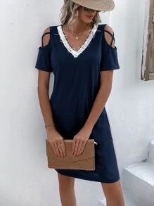 SHEIN Clasi Đầm ghép mộng kim sa Hội Chữ thập Cắt ra màu trơn Giải trí - Màu xanh hải quân - Xem 4