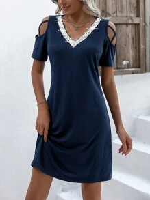 SHEIN Clasi Đầm ghép mộng kim sa Hội Chữ thập Cắt ra màu trơn Giải trí - Màu xanh hải quân - Xem 5