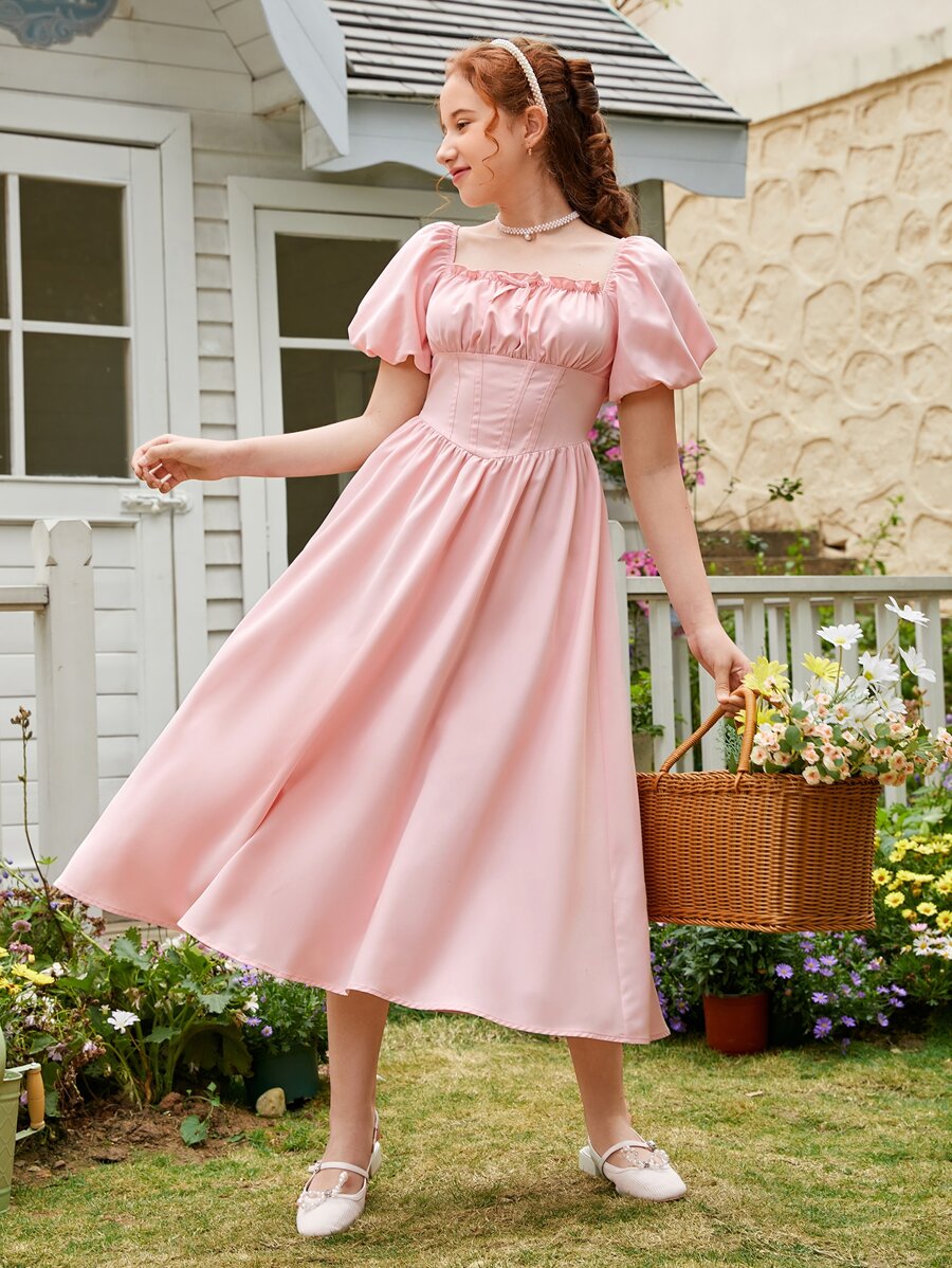 SHEIN Teen Girls Ruched Bust Puff Sleeve Dress Cottagecore Dress - Baby Pink - View 1