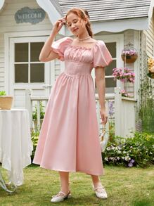 SHEIN Teen Girls Ruched Bust Puff Sleeve Dress Cottagecore Dress - Baby Pink - View 3